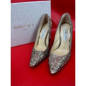 Jimmy Choo Romy 100 Gold Coarse Glitter Pumps Heels 100% Authentic EU 39 US 9
